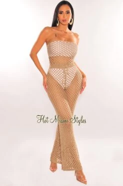 Mocha Crochet Strapless Lace Up Belted Palazzo Cover Up Jumpsuit