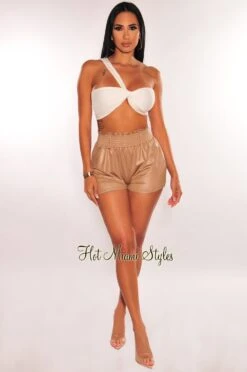 Mocha Faux Leather High Waisted Ruched Waist Shorts -Miamis Style Shop mocha faux leather high waisted ruched waist shorts hot miami styles 482964