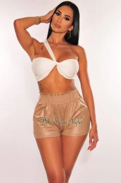 Mocha Faux Leather High Waisted Ruched Waist Shorts