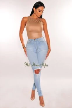 Mocha Faux Leather Round Neck Sleeveless Crop Top -Miamis Style Shop mocha faux leather round neck sleeveless crop top hot miami styles 220967