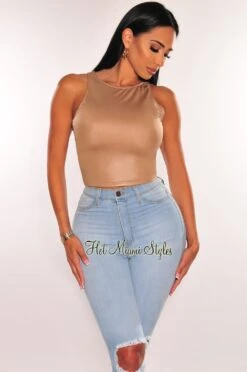 Mocha Faux Leather Round Neck Sleeveless Crop Top