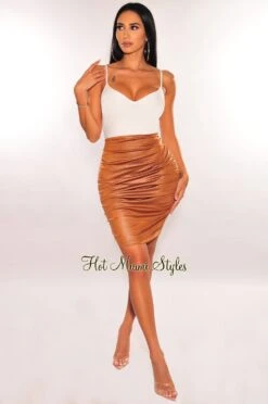 Mocha Faux Leather Ruched High Waist Skirt -Miamis Style Shop mocha faux leather ruched high waist skirt hot miami styles 526417