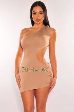 Mocha Knotted One Shoulder Button Cut Out Asymmetrical Dress