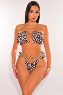 Mocha Leopard Print Ruched Bust Frill Padded Bandeau Bikini