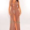 Mocha Mesh Halter Drawstring Open Back Maxi Cover Up