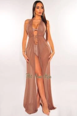 Mocha Mesh Halter Drawstring Open Back Maxi Cover Up