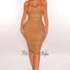Mocha Mesh Spaghetti Straps Padded Ruched Dress