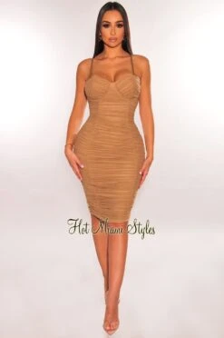Mocha Mesh Spaghetti Straps Padded Ruched Dress