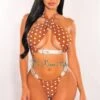 Mocha Polka Dot Crossover Rhinestone Buckle Bikini