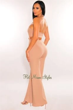 Mocha Ribbed Halter Knotted Cut Out Palazzo Jumpsuit -Miamis Style Shop mocha ribbed halter knotted cut out palazzo jumpsuit hot miami styles 507999