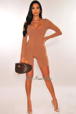 Mocha Ribbed Knit Round Neck Long Sleeves Romper 10 Mocha Ribbed Knit Round Neck Long Sleeves Romper -Miamis Style Shop mocha ribbed knit round neck long sleeves romper hot miami styles 120943