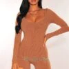 Mocha Ribbed Knit Round Neck Long Sleeves Romper