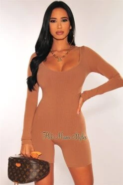 Mocha Ribbed Knit Round Neck Long Sleeves Romper