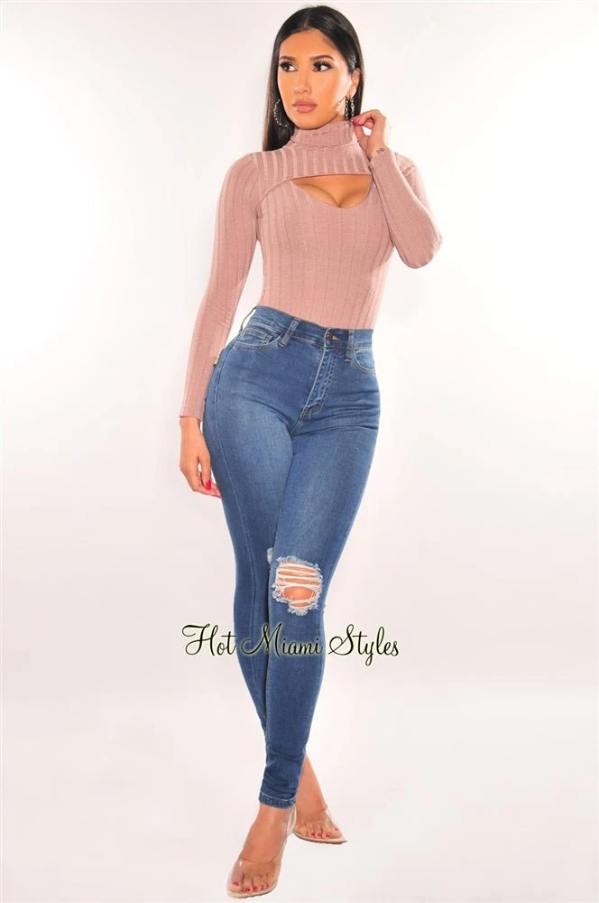 Mocha Ribbed Knit Turtleneck Long Sleeve Cut Out Bodysuit 3 Mocha Ribbed Knit Turtleneck Long Sleeve Cut Out Bodysuit - Image 3