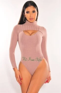 Mocha Ribbed Knit Turtleneck Long Sleeve Cut Out Bodysuit
