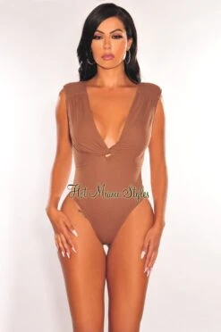Mocha Ribbed Sleeveless V Neck Knotted Open Back Bodysuit