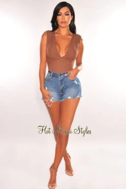 Mocha Ribbed Sleeveless V Neck Knotted Open Back Bodysuit -Miamis Style Shop mocha ribbed sleeveless v neck knotted open back bodysuit hot miami styles 623447