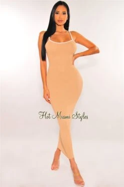 Mocha Ribbed Spaghetti Straps Midi Dress