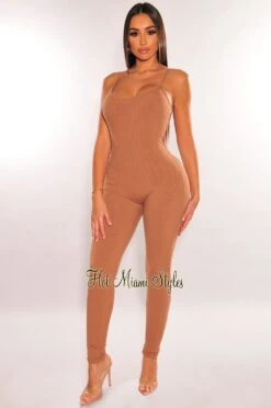 Mocha Ribbed Spaghetti Straps Scoop Back Jumpsuit