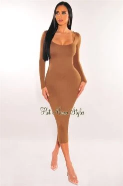 Mocha Round Neck Long Sleeve Midi Dress