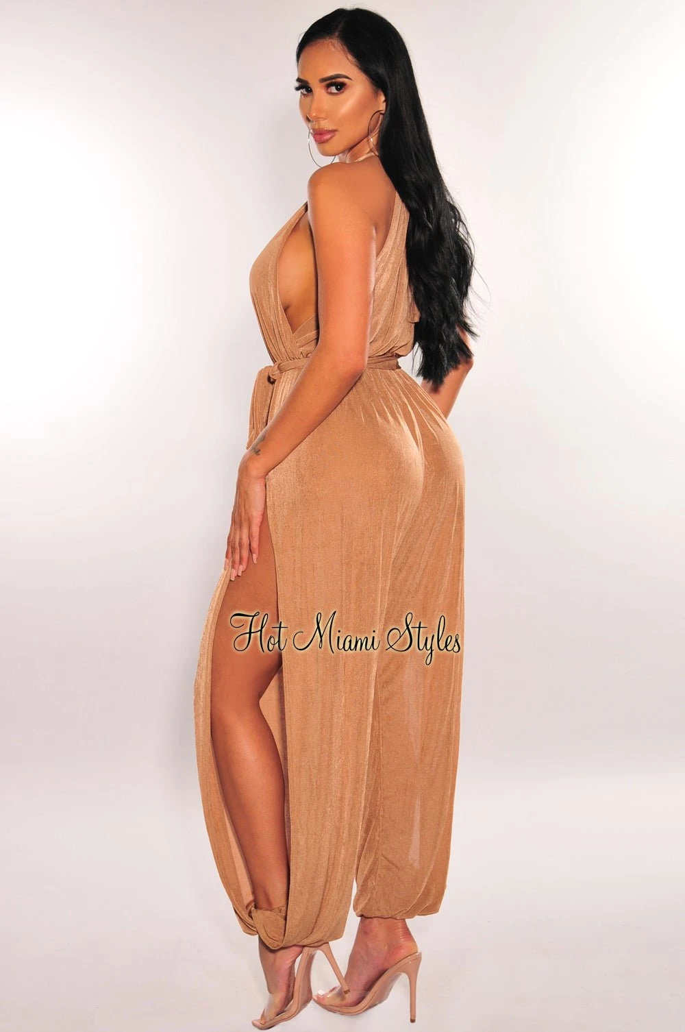 Mocha Shimmery Slit Hem Belted Harem Jumpsuit 2 Mocha Shimmery Slit Hem Belted Harem Jumpsuit - Image 2