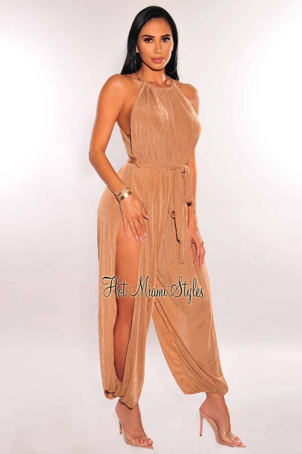Mocha Shimmery Slit Hem Belted Harem Jumpsuit 1 Mocha Shimmery Slit Hem Belted Harem Jumpsuit
