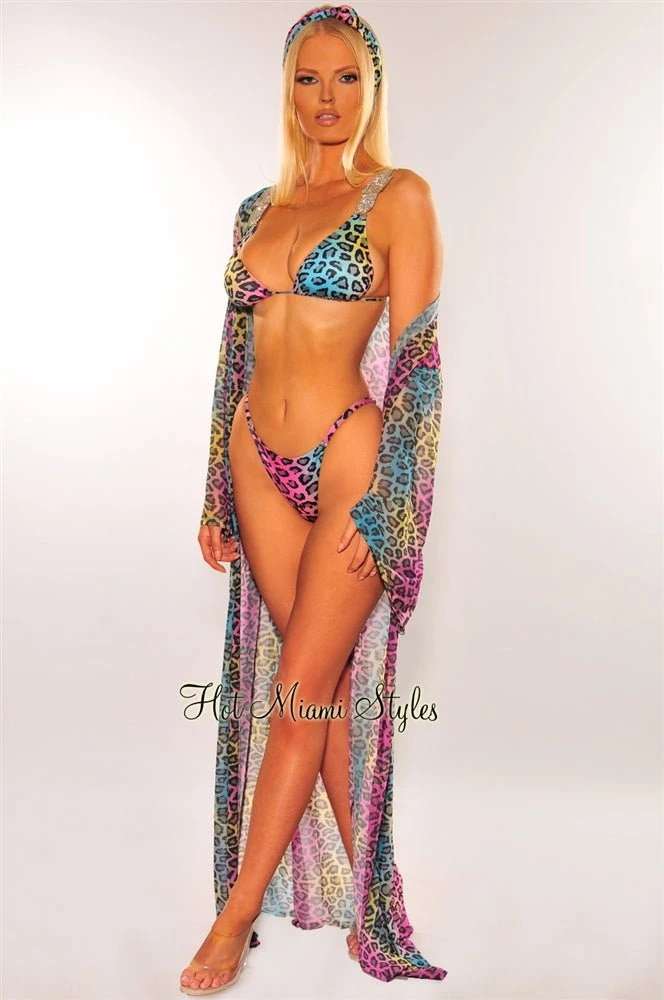 Multi Color Leopard Print Mesh Belted Cover Up 2 Multi Color Leopard Print Mesh Belted Cover Up - Image 2