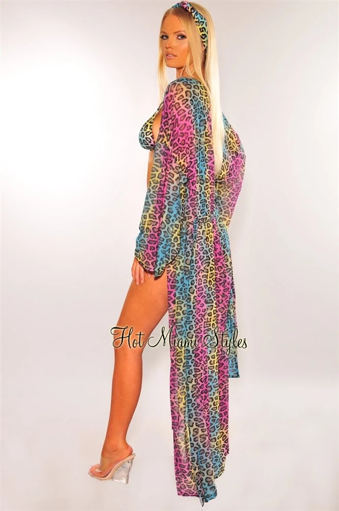 Multi Color Leopard Print Mesh Belted Cover Up 4 Multi Color Leopard Print Mesh Belted Cover Up - Image 4
