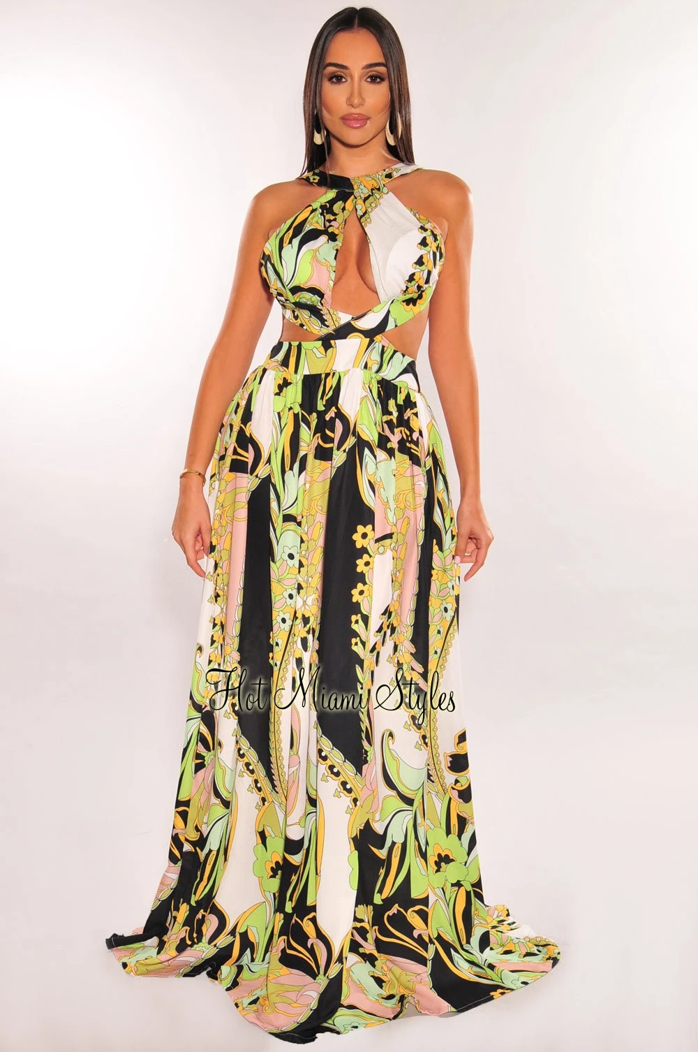 Multi Color Print Halter Padded Cut Out Open Back Maxi Dress 1 Multi Color Print Halter Padded Cut Out Open Back Maxi Dress