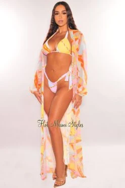 Multi Color Print Long Sleeve Maxi Cover Up