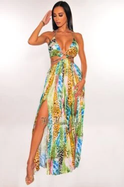 Multi Color Print Padded O-Ring Gold Belted Cut Out Double Slit Maxi Dress