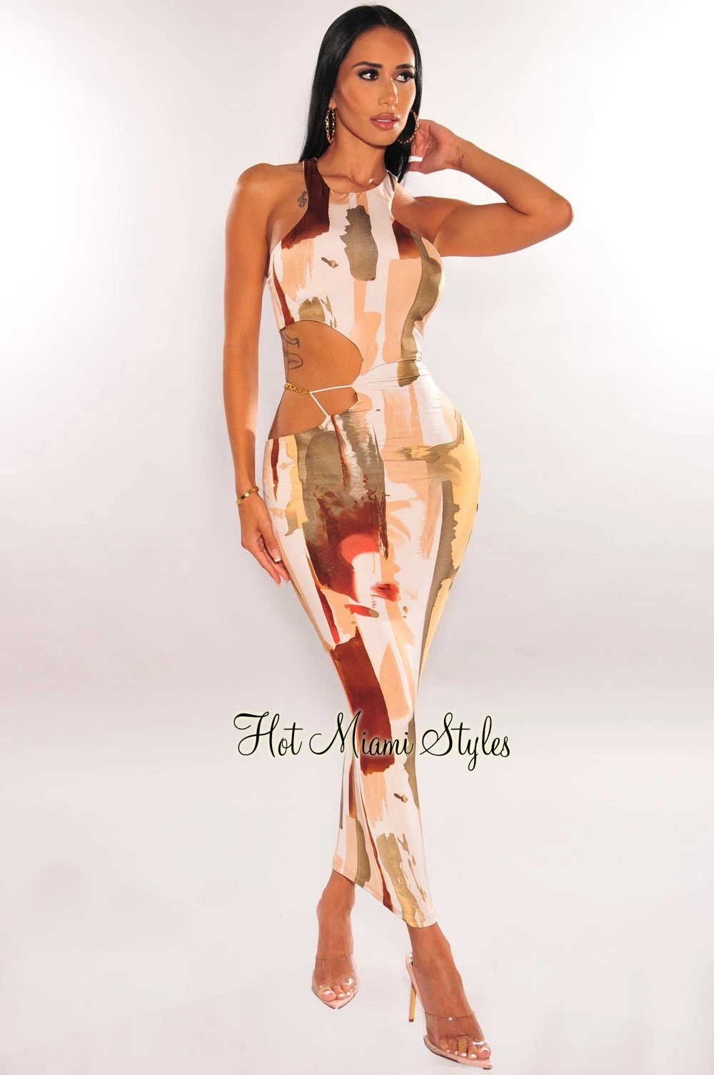 Multi Color Print Sleeveless Gold Chain Cut Out Midi Dress 1 Multi Color Print Sleeveless Gold Chain Cut Out Midi Dress