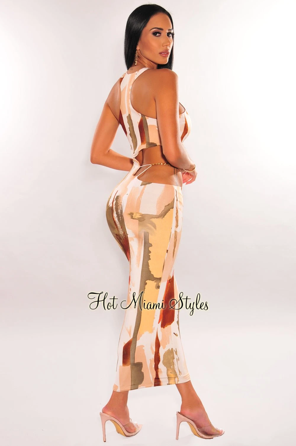 Multi Color Print Sleeveless Gold Chain Cut Out Midi Dress 2 Multi Color Print Sleeveless Gold Chain Cut Out Midi Dress - Image 2