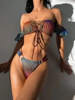 Multi Color Ribbed Off Shoulder Lace Up Strappy O-Ring Bikini -Miamis Style Shop multi color ribbed off shoulder lace up strappy o ring bikini hot miami styles 176622