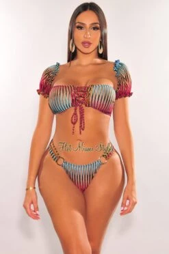 Multi Color Ribbed Off Shoulder Lace Up Strappy O-Ring Bikini -Miamis Style Shop multi color ribbed off shoulder lace up strappy o ring bikini hot miami styles 311209