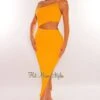 Mustard Ribbed Knit One Shoulder Cut Out Slit Dress