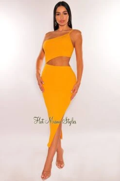 Mustard Ribbed Knit One Shoulder Cut Out Slit Dress