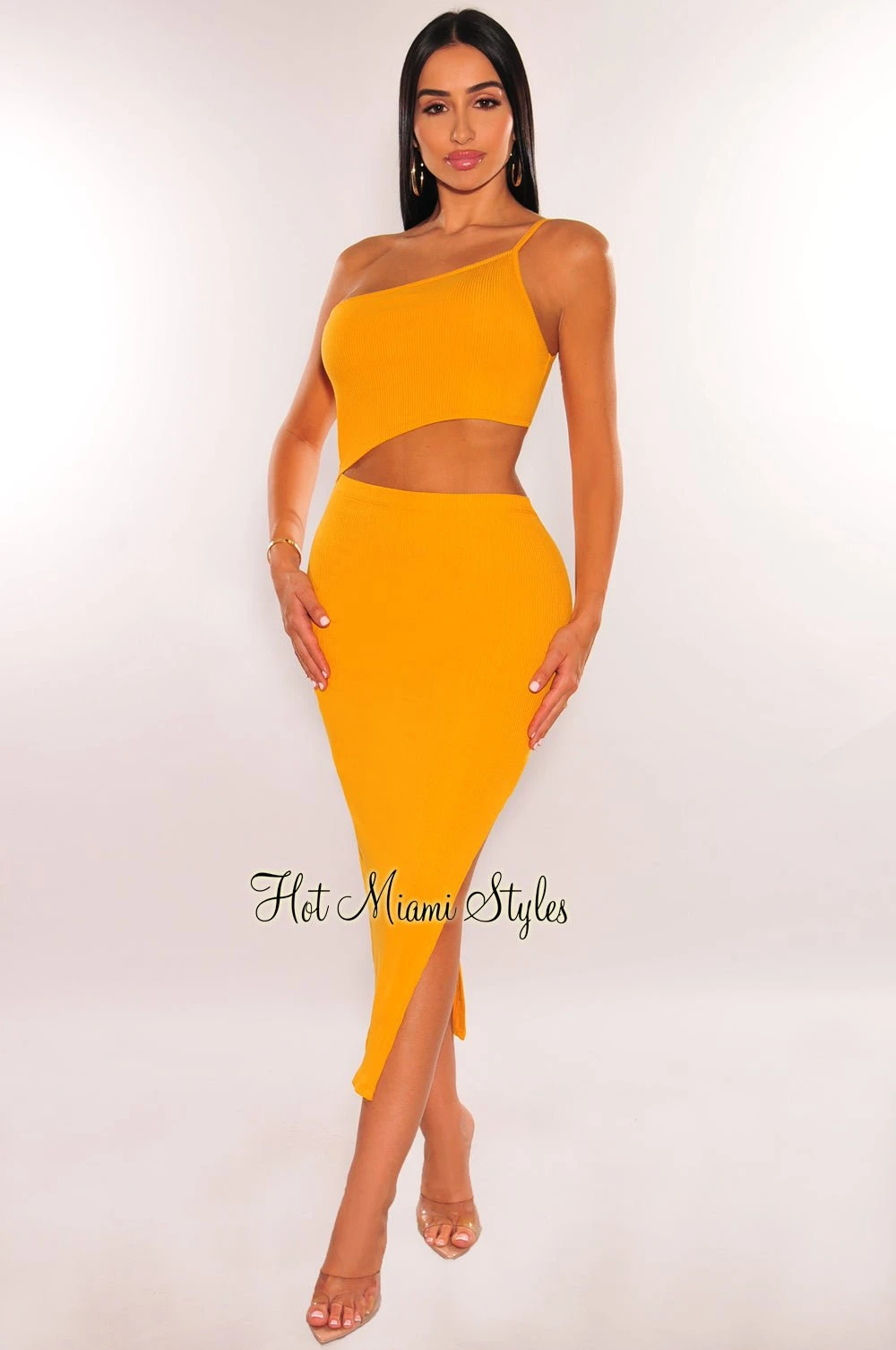 Mustard Ribbed Knit One Shoulder Cut Out Slit Dress 1 Mustard Ribbed Knit One Shoulder Cut Out Slit Dress