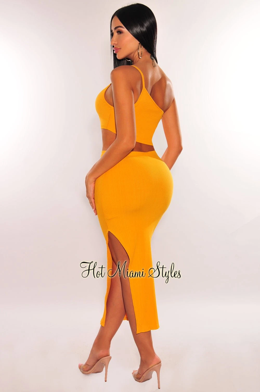Mustard Ribbed Knit One Shoulder Cut Out Slit Dress 2 Mustard Ribbed Knit One Shoulder Cut Out Slit Dress - Image 2