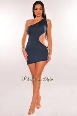 Navy Knotted One Shoulder Button Cut Out Asymmetrical Dress -Miamis Style Shop navy knotted one shoulder button cut out asymmetrical dress hot miami styles 628974