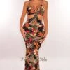 Navy Multi Color Tropical Print Spaghetti Straps Cut Out Maxi Dress