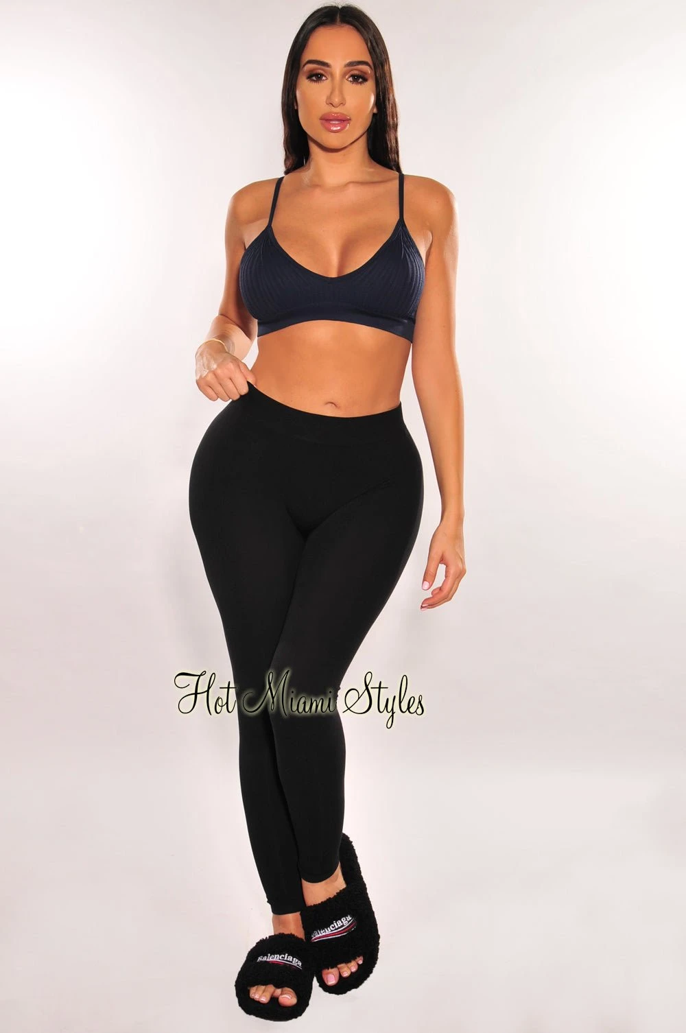 Navy Ribbed Seamless Spaghetti Straps V Neck Crop Top 3 Navy Ribbed Seamless Spaghetti Straps V Neck Crop Top - Image 3