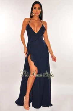 Navy Ruffle Slit Lace Up Maxi Dress