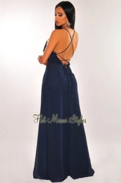 Navy Ruffle Slit Lace Up Maxi Dress -Miamis Style Shop navy ruffle slit lace up maxi dress hot miami styles 480748