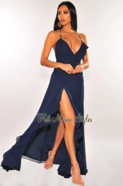 Navy Ruffle Slit Lace Up Maxi Dress -Miamis Style Shop navy ruffle slit lace up maxi dress hot miami styles 722713