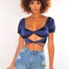 Navy Silky Knotted Cut Out Wrap Around Crop Top