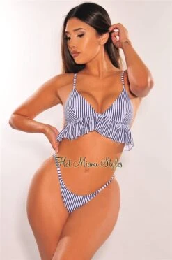 Navy Stripes Padded Ruffle Scrunch Butt Bikini