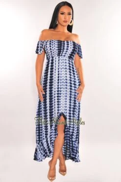 Navy Tie Dye Off Shoulder Smocked Ruffle Maxi Dress