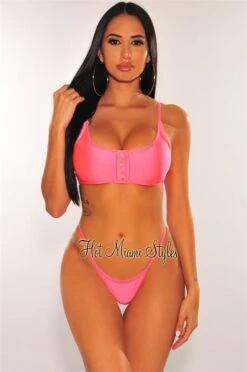 Neon Coral Glistening Button String Bikini