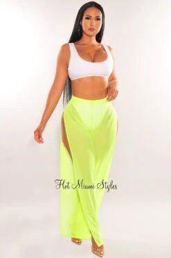 Neon Lime Mesh Sheer High Waist Double Slit Cover Up Pants